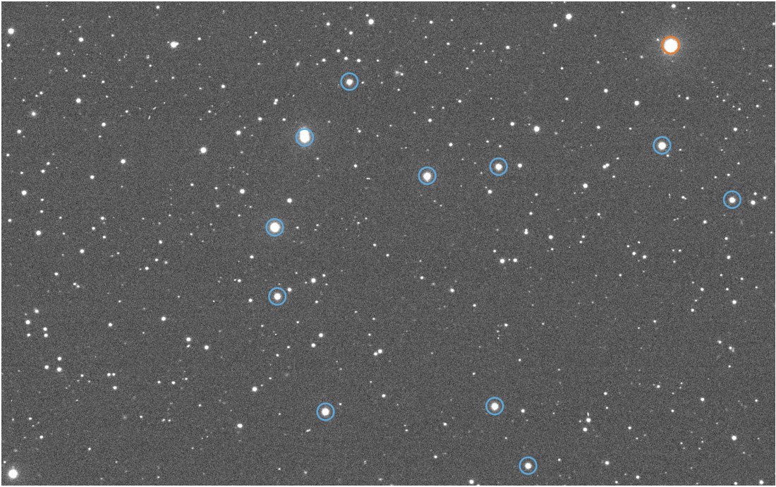 Star field from an LCO 0.4-meter telescope with detected sources circled